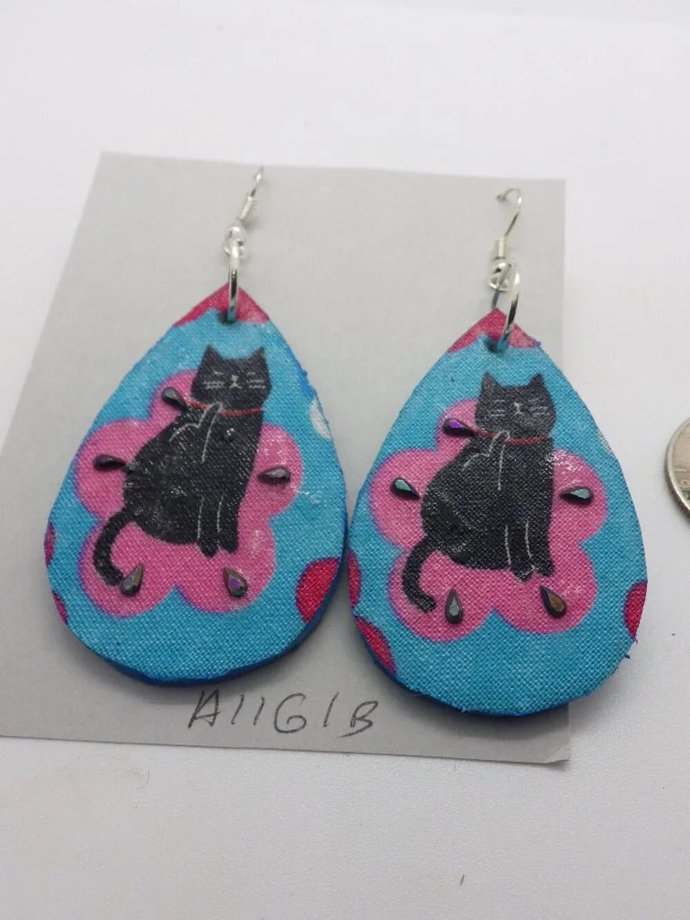 Handcrafted from Wood & Fabric Black Cat Earrings 902G1